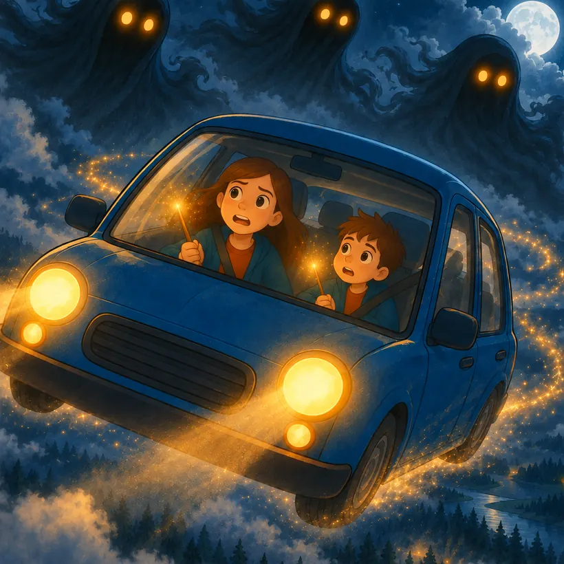 Alma y Simón vuelan de noche en el auto celeste, asustados. Entre las nubes de tormenta aparecen tres fantasmas grises de humo con ojos naranjas.