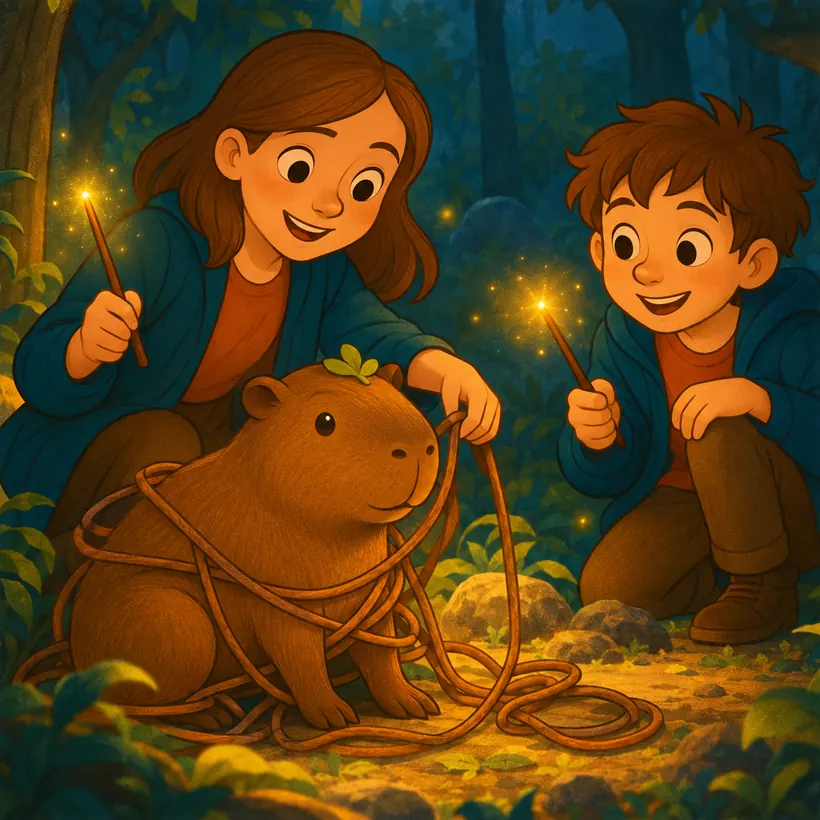 En el bosque, Alma desata a Capi, un capibara grandote enredado en sogas, mientras Simón mira sonriendo con su varita encendida.