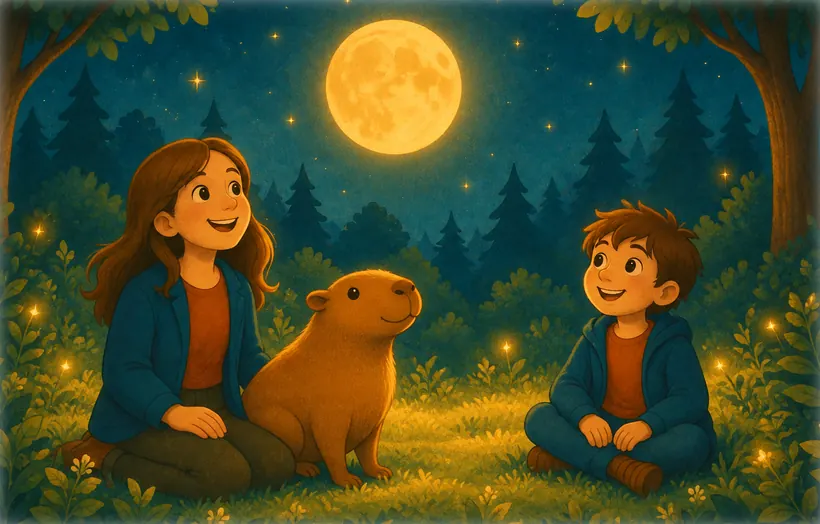 Noche de luna llena en el bosque: Alma, Capi y Simón, sentados en el pasto, miran la luna y sonríen.