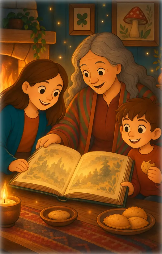 Junto a la chimenea, Violeta, una señora de pelo gris largo, les muestra a Alma y Simón un cuaderno grande lleno de dibujos.