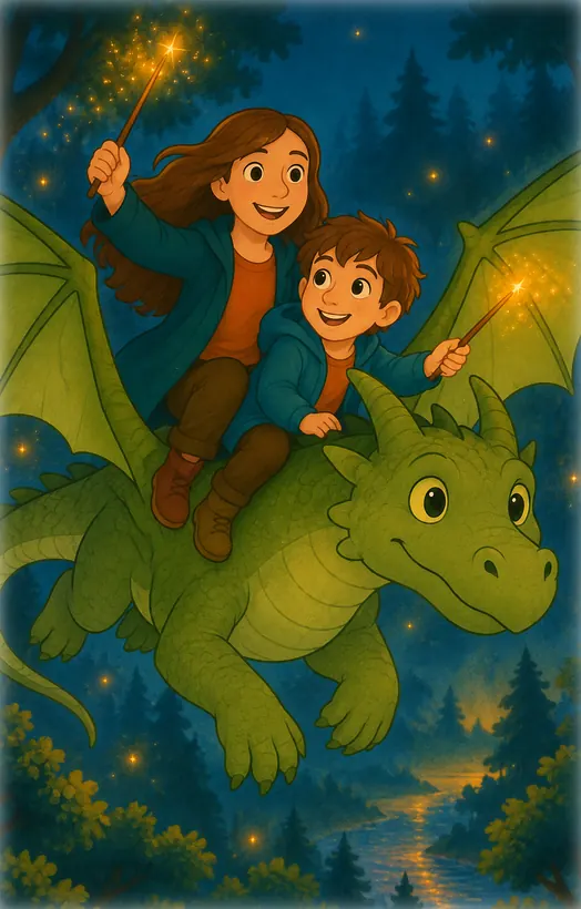 Alma y Simón vuelan sobre el lomo de un dragón verde sonriente. Alma levanta su varita llena de chispas; abajo se ve el bosque y un arroyo.