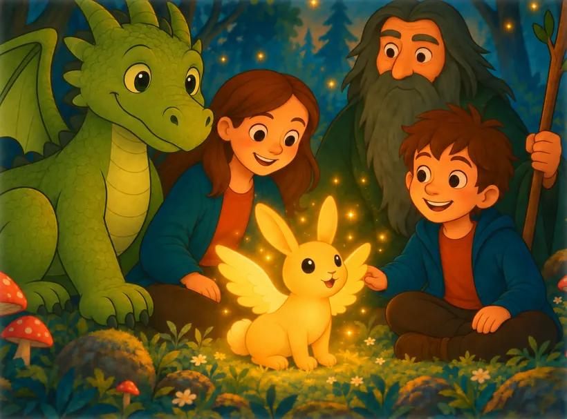 En un claro del bosque: Chispa el dragón verde, Alma, el Guardián del Bosque de barba larguísima y Simón. En el medio brilla Piluso, el conejito con alas.