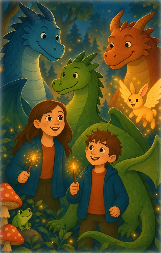La familia de Chispa: un dragón azul y uno rojo, con Chispa en el medio. Adelante, Alma y Simón; Piluso vuela brillando y una ranita mira desde abajo.