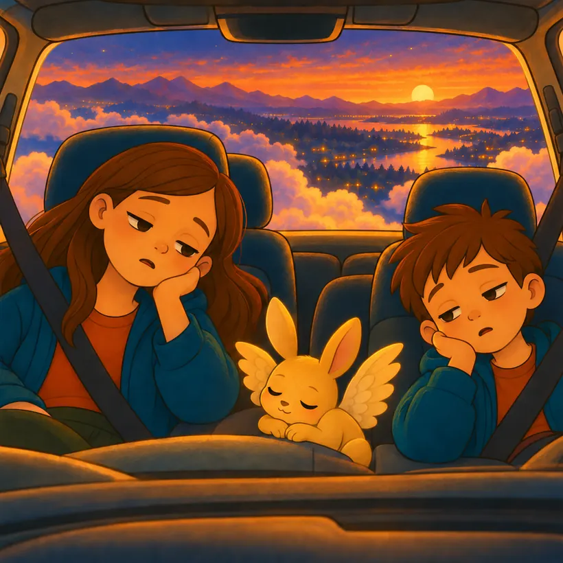 De vuelta a casa en el auto: Alma y Simón, muertos de sueño, apoyan la cara en la mano. Entre los dos duerme Piluso. Afuera, el atardecer.