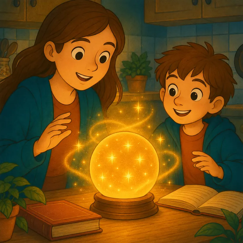 En la cocina de casa, Alma y Simón miran asombrados una bola de cristal que brilla con estrellitas doradas.